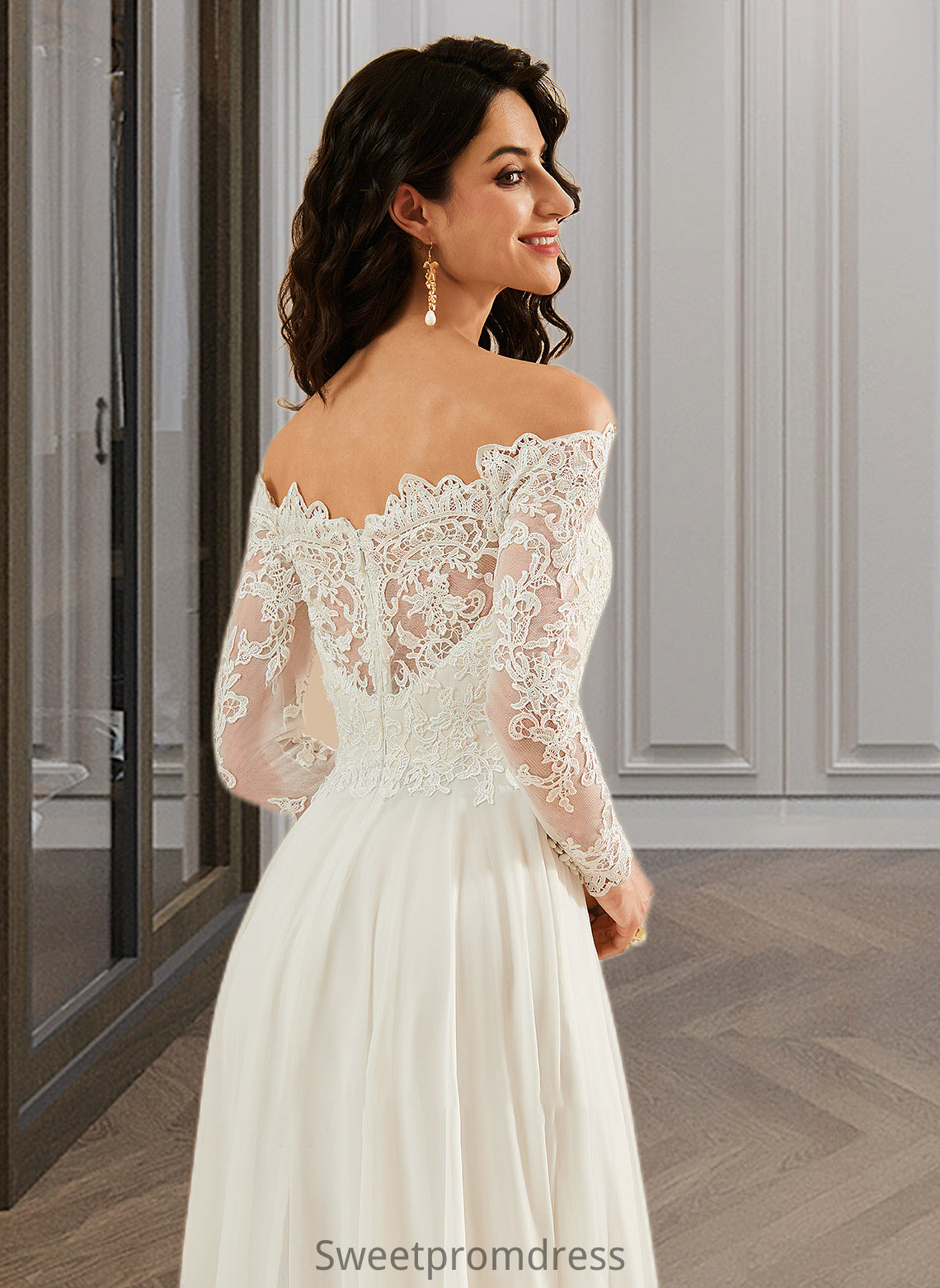 Kit A-Line Off-the-Shoulder Sweep Train Wedding Dress With Lace DHP0013734