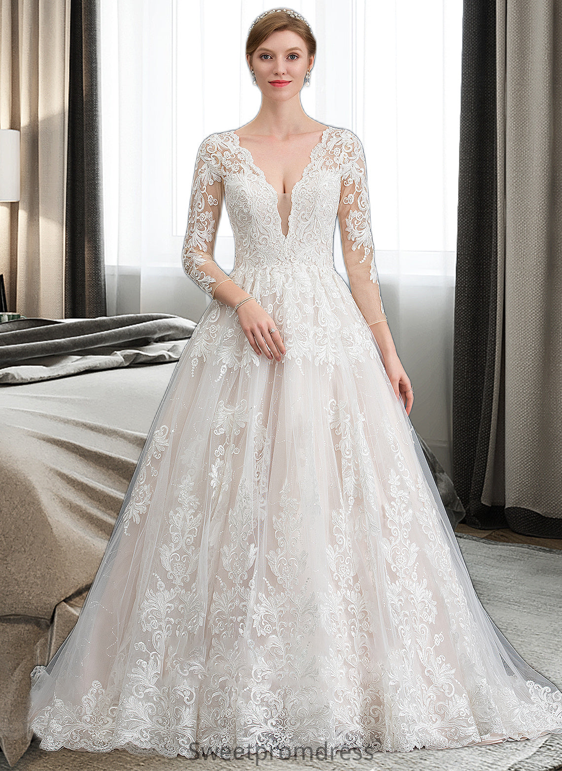 Maryjane Ball-Gown/Princess V-neck Chapel Train Tulle Wedding Dress DHP0013735