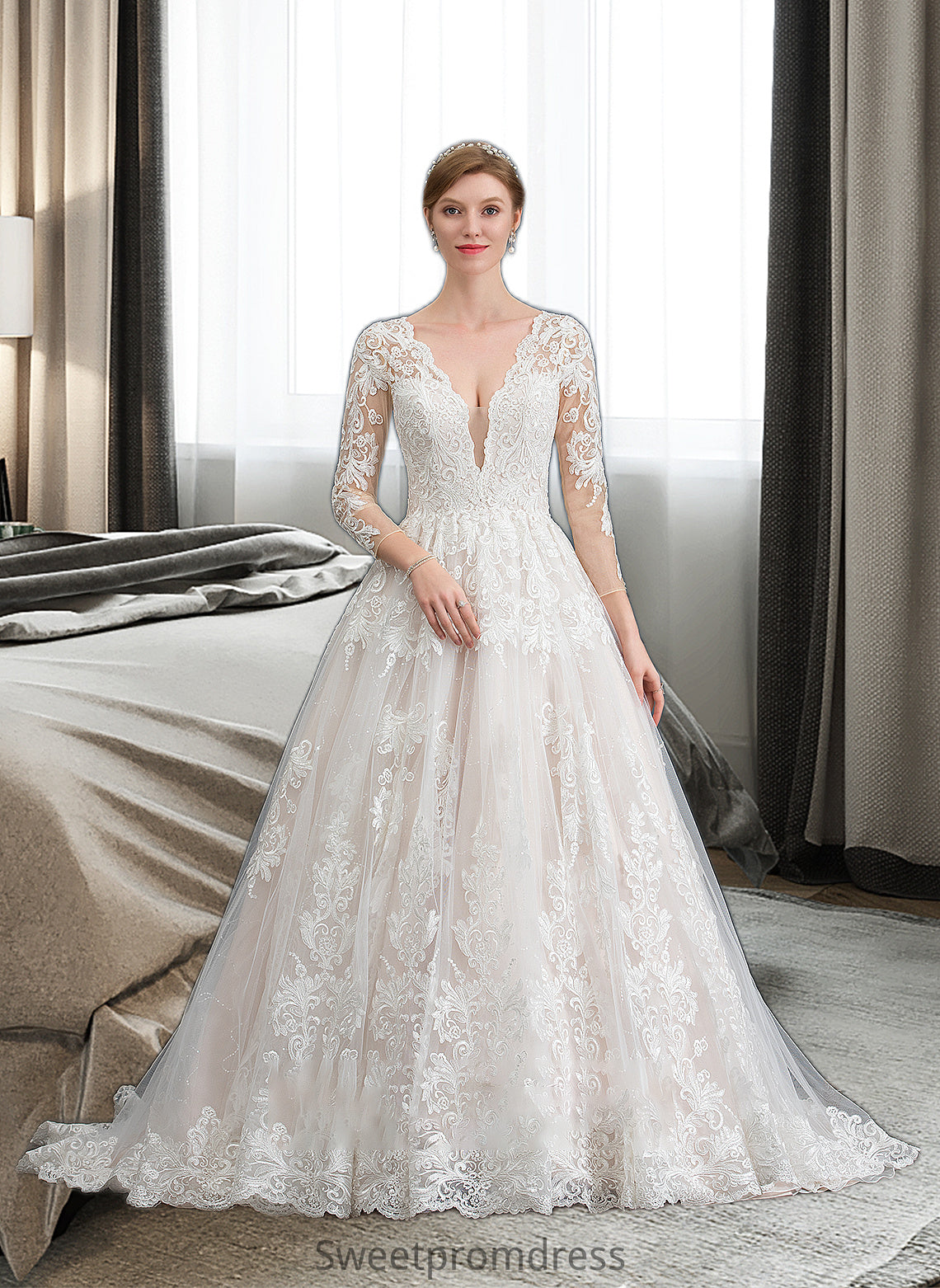 Maryjane Ball-Gown/Princess V-neck Chapel Train Tulle Wedding Dress DHP0013735