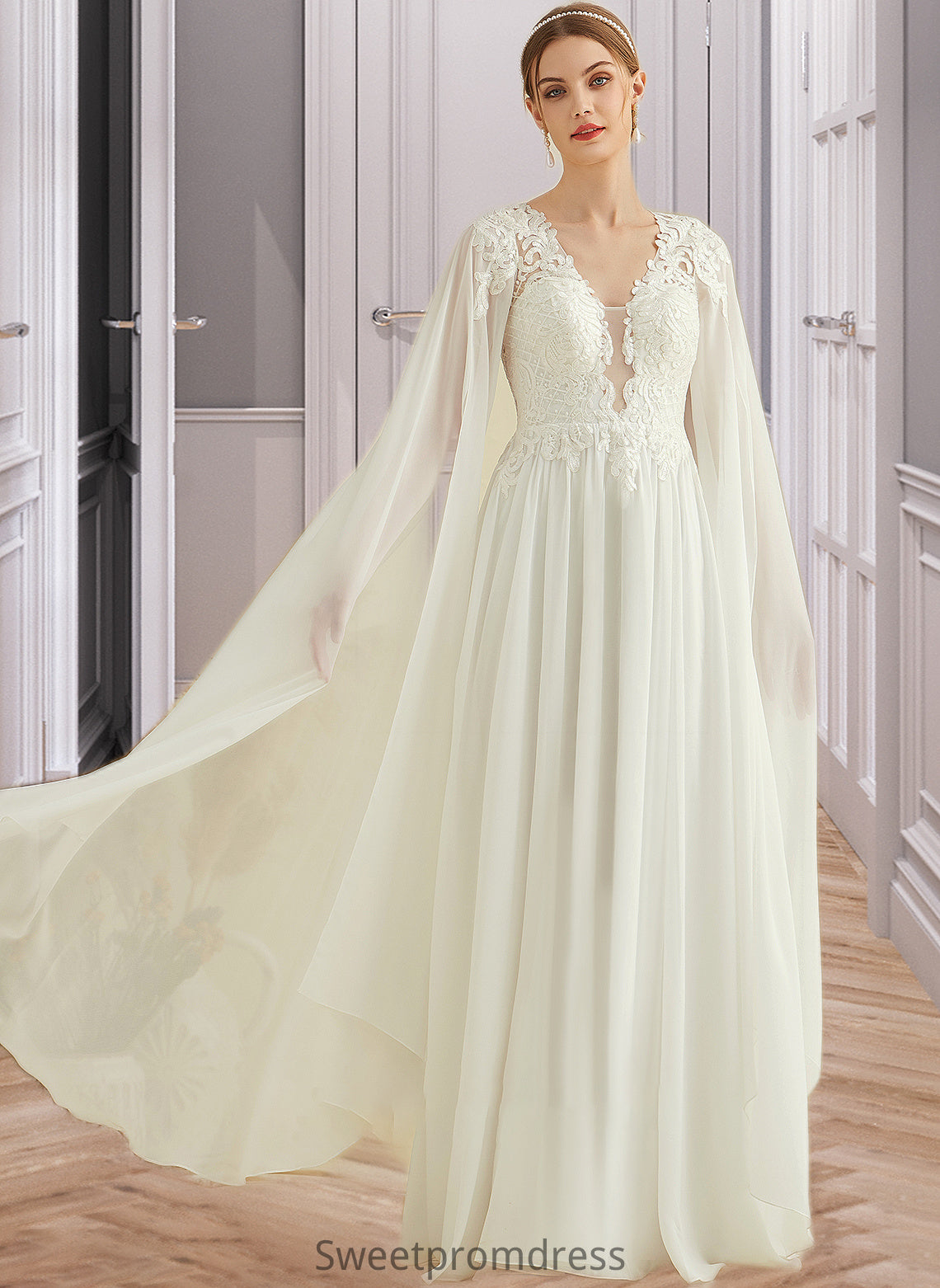 Lesly A-Line V-neck Floor-Length Chiffon Lace Wedding Dress With Sequins DHP0013736