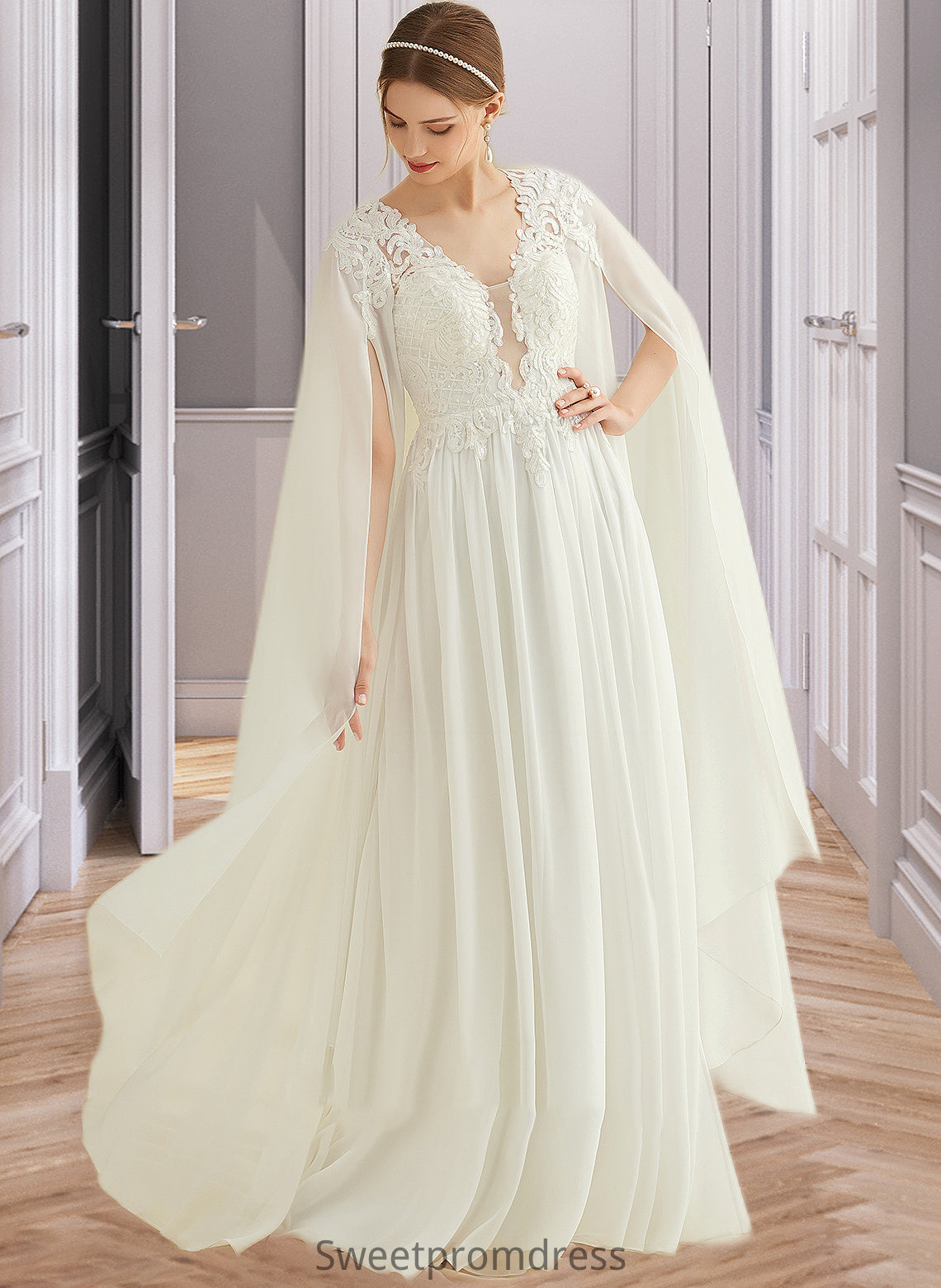 Lesly A-Line V-neck Floor-Length Chiffon Lace Wedding Dress With Sequins DHP0013736