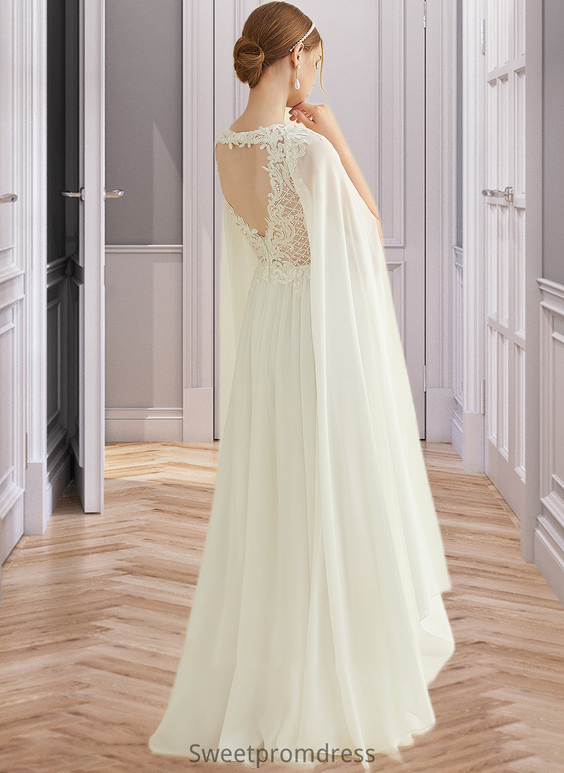 Lesly A-Line V-neck Floor-Length Chiffon Lace Wedding Dress With Sequins DHP0013736