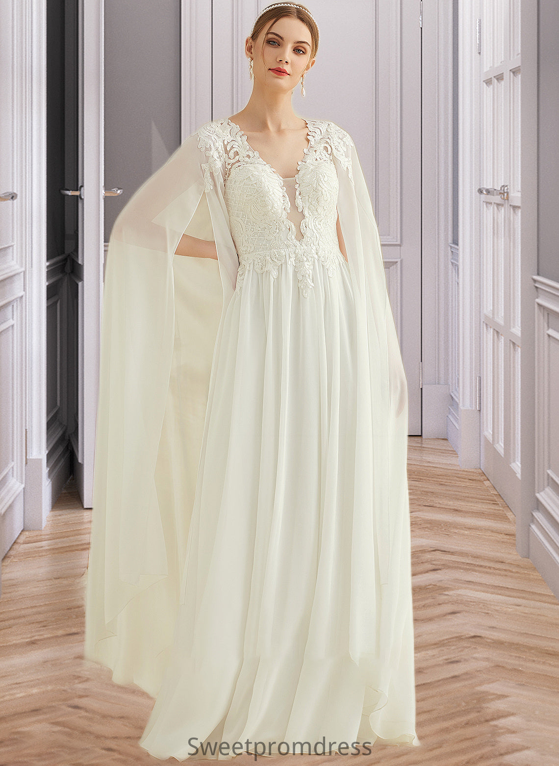 Lesly A-Line V-neck Floor-Length Chiffon Lace Wedding Dress With Sequins DHP0013736