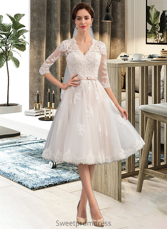 Selah A-Line V-neck Knee-Length Tulle Wedding Dress With Bow(s) DHP0013737