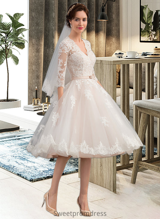 Selah A-Line V-neck Knee-Length Tulle Wedding Dress With Bow(s) DHP0013737