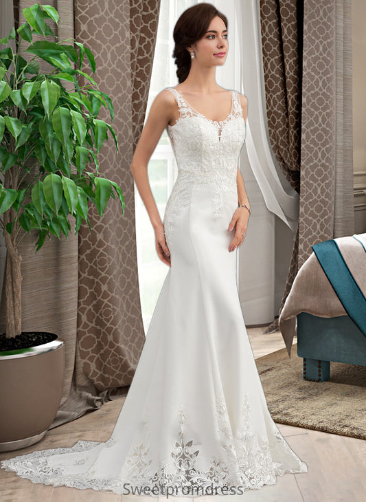 Amara Trumpet/Mermaid V-neck Court Train Lace Stretch Crepe Wedding Dress With Sequins DHP0013738