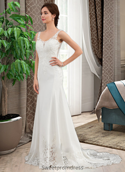 Amara Trumpet/Mermaid V-neck Court Train Lace Stretch Crepe Wedding Dress With Sequins DHP0013738