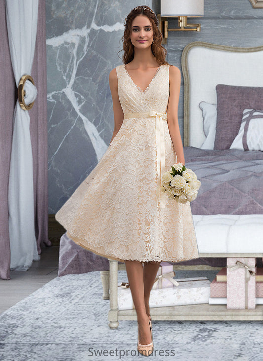 Vivian A-Line V-neck Knee-Length Lace Wedding Dress With Bow(s) DHP0013739