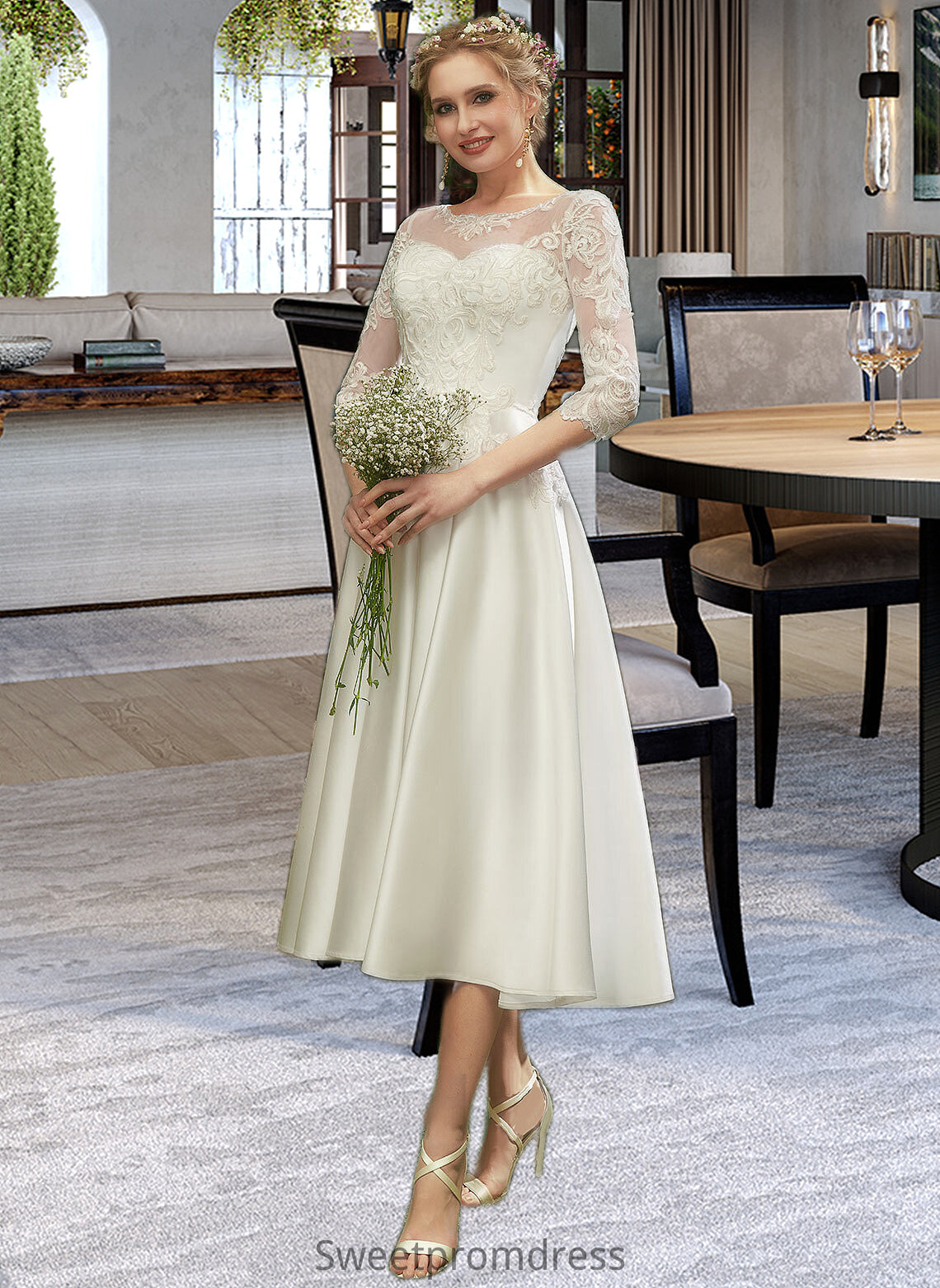 Destiney A-Line Illusion Tea-Length Wedding Dress With Lace DHP0013741