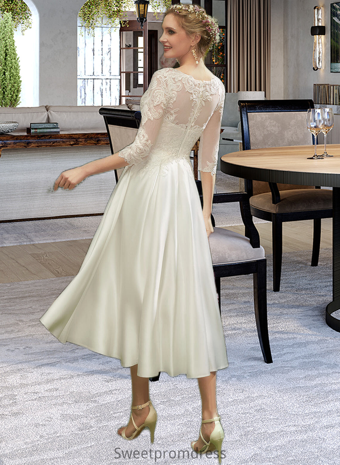 Destiney A-Line Illusion Tea-Length Wedding Dress With Lace DHP0013741