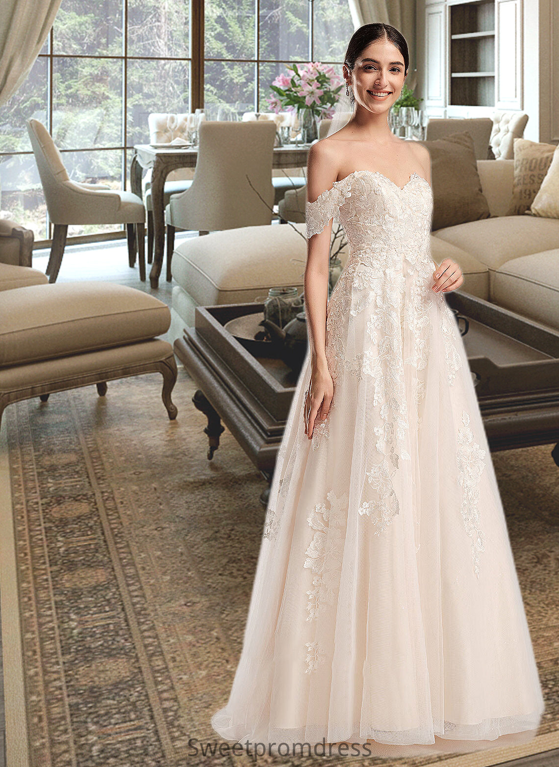 Selina Ball-Gown/Princess Off-the-Shoulder Chapel Train Wedding Dress DHP0013742