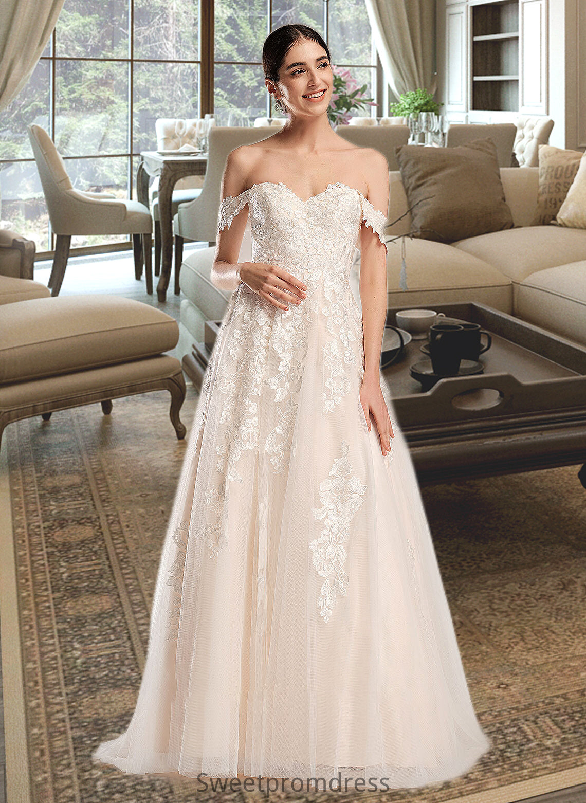 Selina Ball-Gown/Princess Off-the-Shoulder Chapel Train Wedding Dress DHP0013742