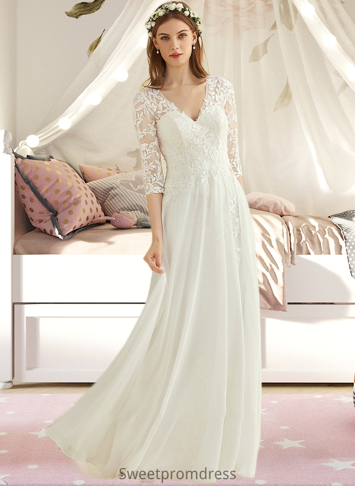 Kitty A-Line V-neck Floor-Length Chiffon Lace Wedding Dress DHP0013745