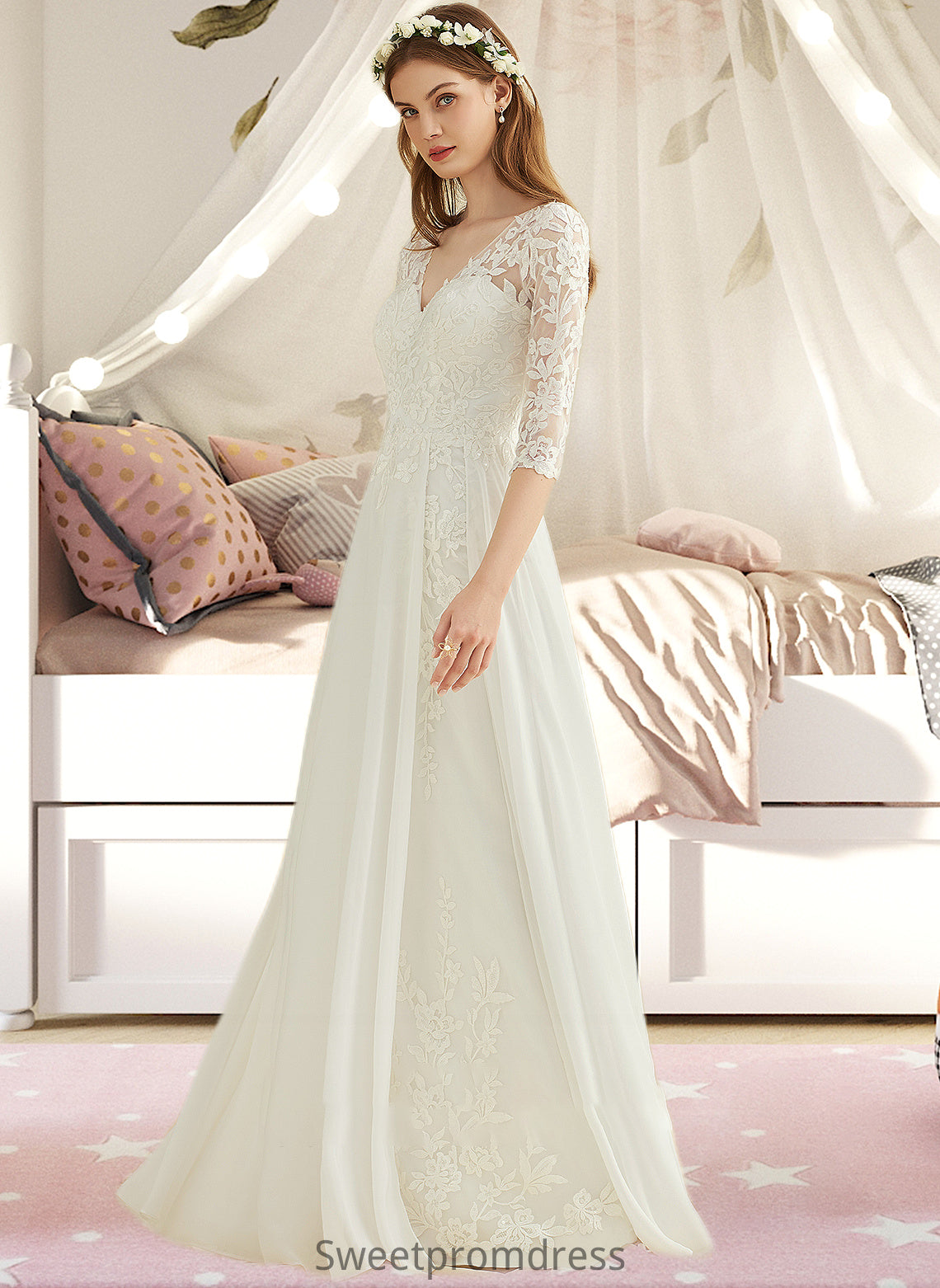 Kitty A-Line V-neck Floor-Length Chiffon Lace Wedding Dress DHP0013745