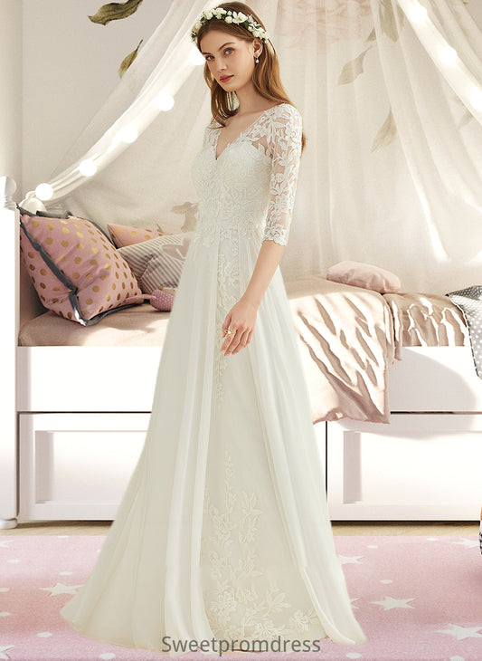 Kitty A-Line V-neck Floor-Length Chiffon Lace Wedding Dress DHP0013745