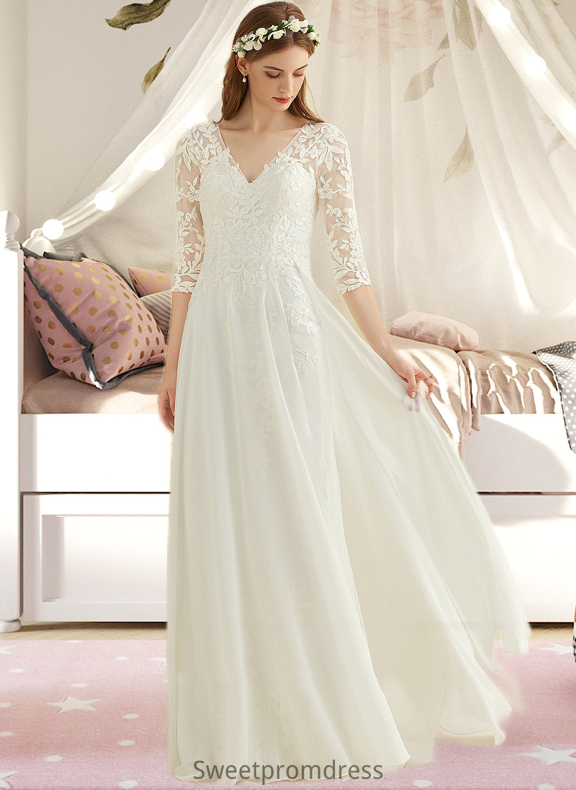 Kitty A-Line V-neck Floor-Length Chiffon Lace Wedding Dress DHP0013745