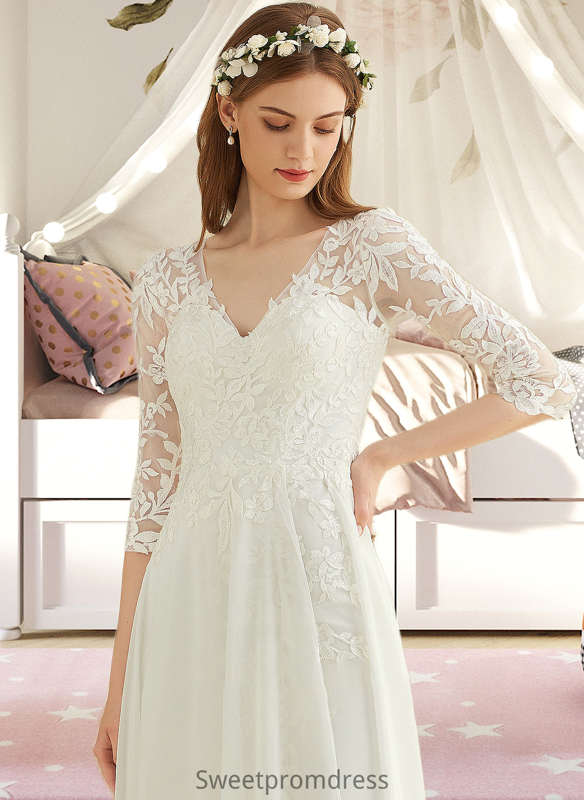 Kitty A-Line V-neck Floor-Length Chiffon Lace Wedding Dress DHP0013745