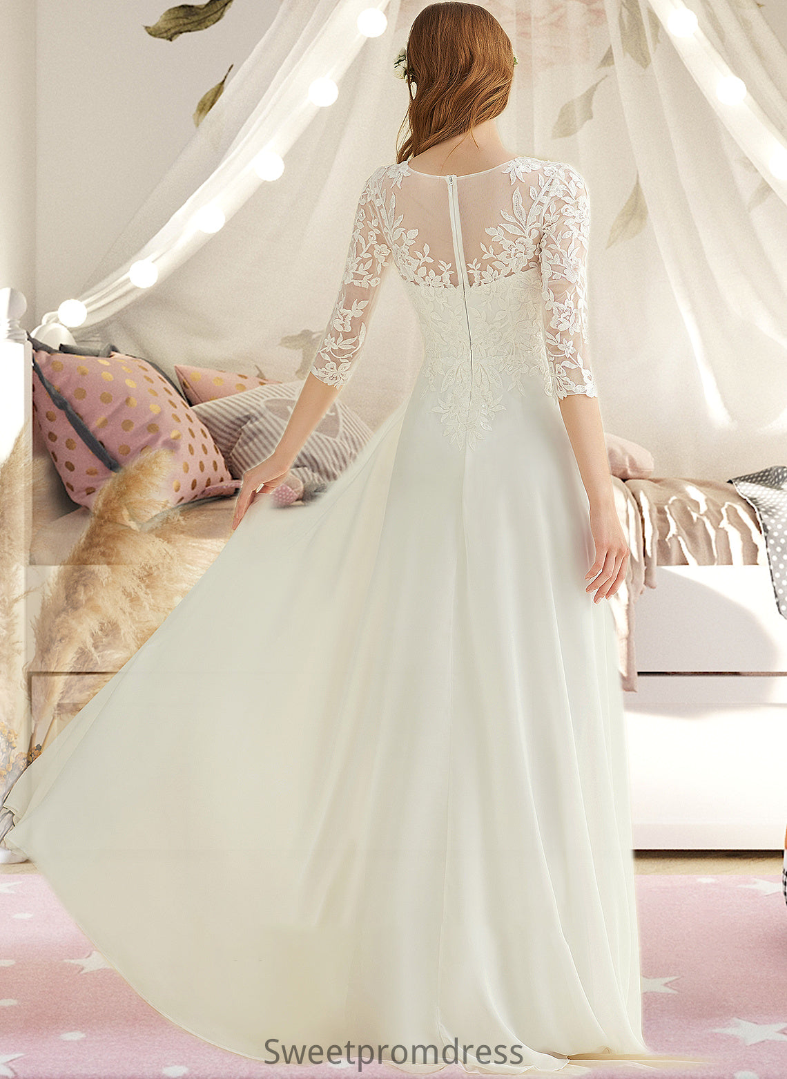 Kitty A-Line V-neck Floor-Length Chiffon Lace Wedding Dress DHP0013745