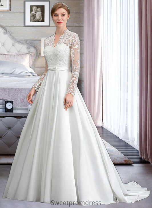 Aleena Ball-Gown/Princess V-neck Court Train Satin Wedding Dress With Bow(s) DHP0013746