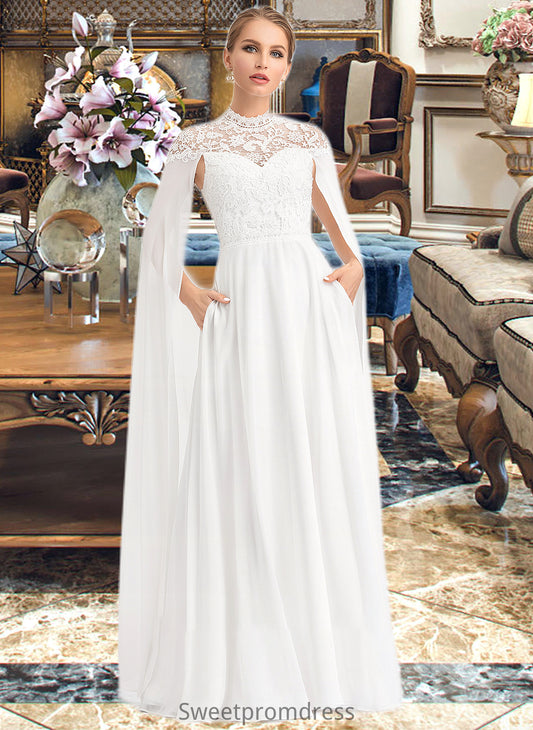 Kathy A-Line High Neck Floor-Length Chiffon Wedding Dress DHP0013748