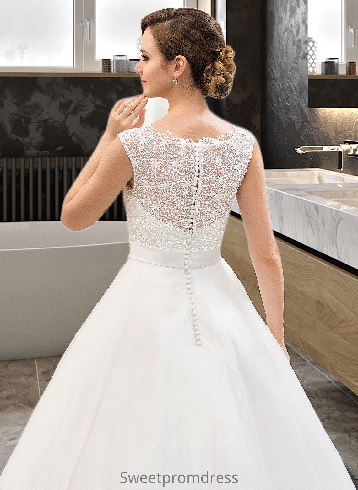 Yazmin Ball-Gown/Princess Scoop Neck Sweep Train Organza Lace Wedding Dress With Beading Sequins DHP0013751