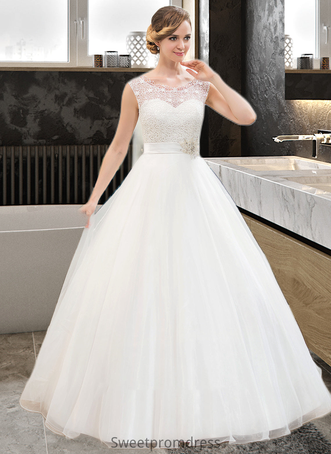 Yazmin Ball-Gown/Princess Scoop Neck Sweep Train Organza Lace Wedding Dress With Beading Sequins DHP0013751