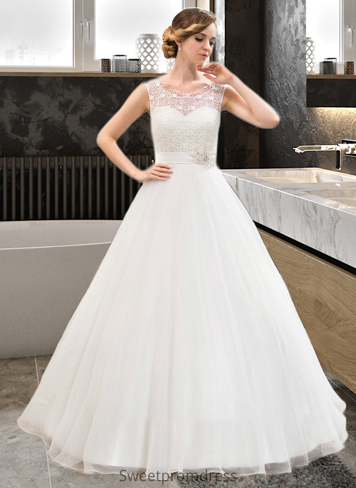 Yazmin Ball-Gown/Princess Scoop Neck Sweep Train Organza Lace Wedding Dress With Beading Sequins DHP0013751