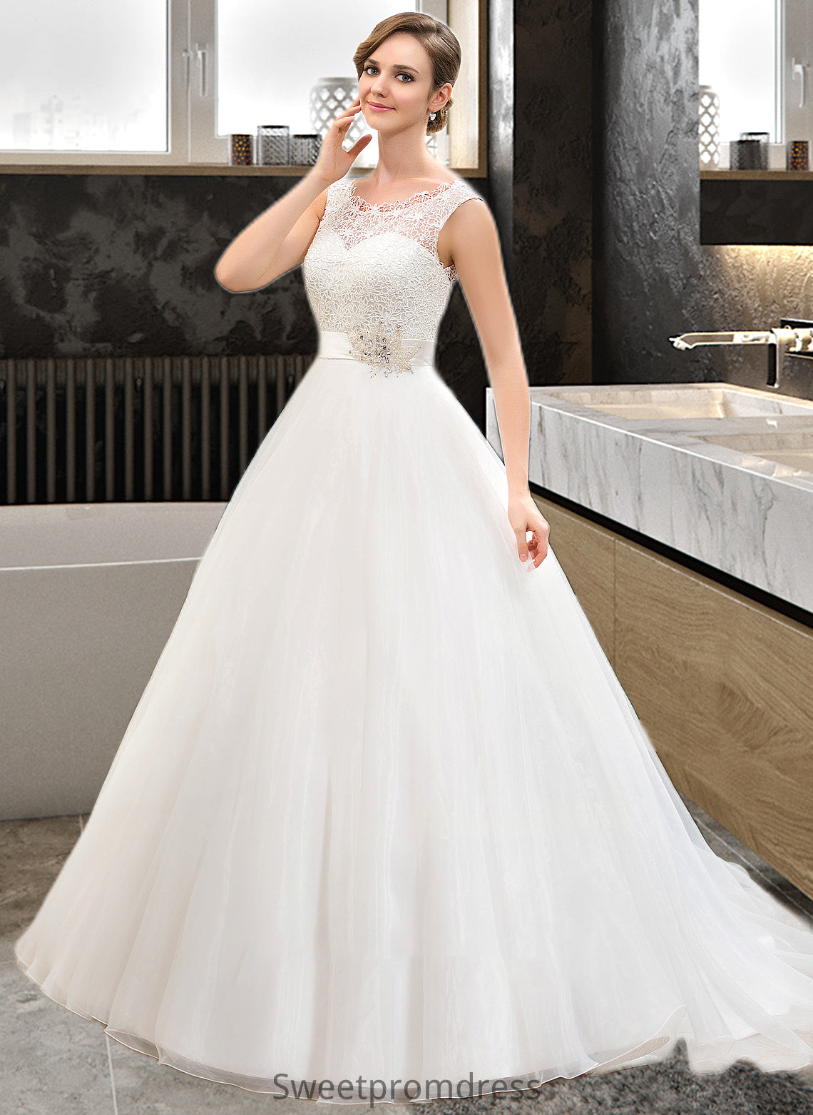 Yazmin Ball-Gown/Princess Scoop Neck Sweep Train Organza Lace Wedding Dress With Beading Sequins DHP0013751