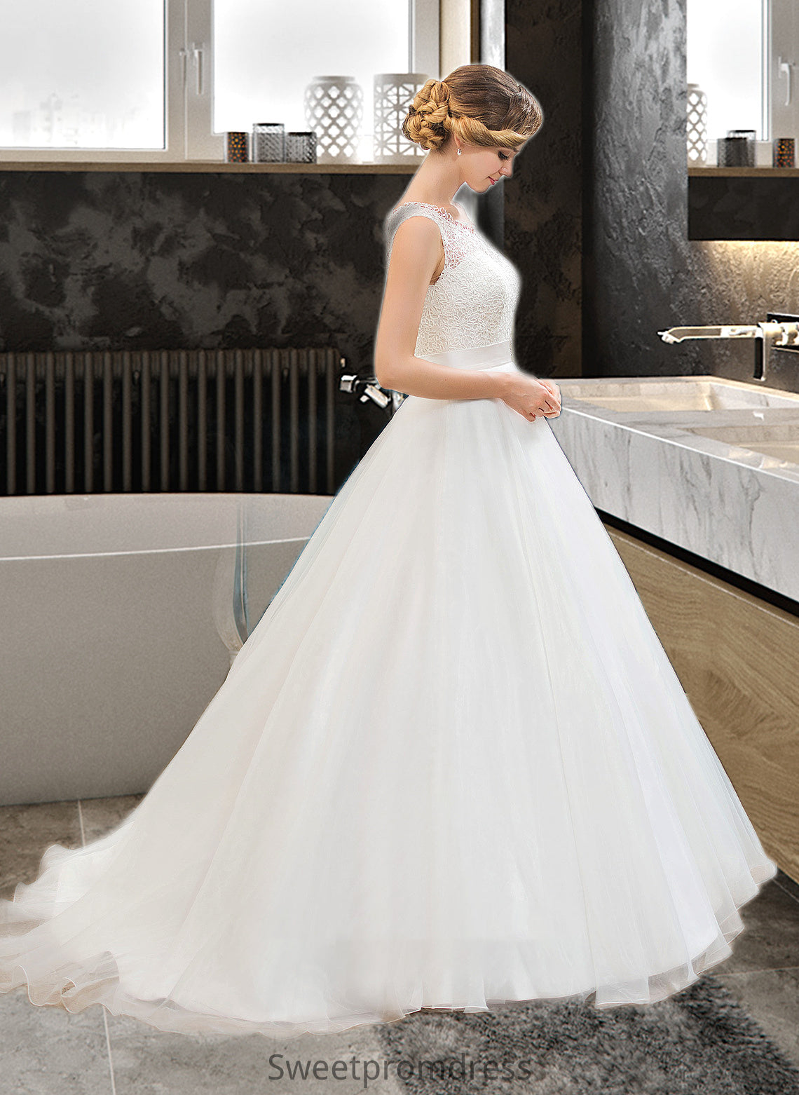 Yazmin Ball-Gown/Princess Scoop Neck Sweep Train Organza Lace Wedding Dress With Beading Sequins DHP0013751