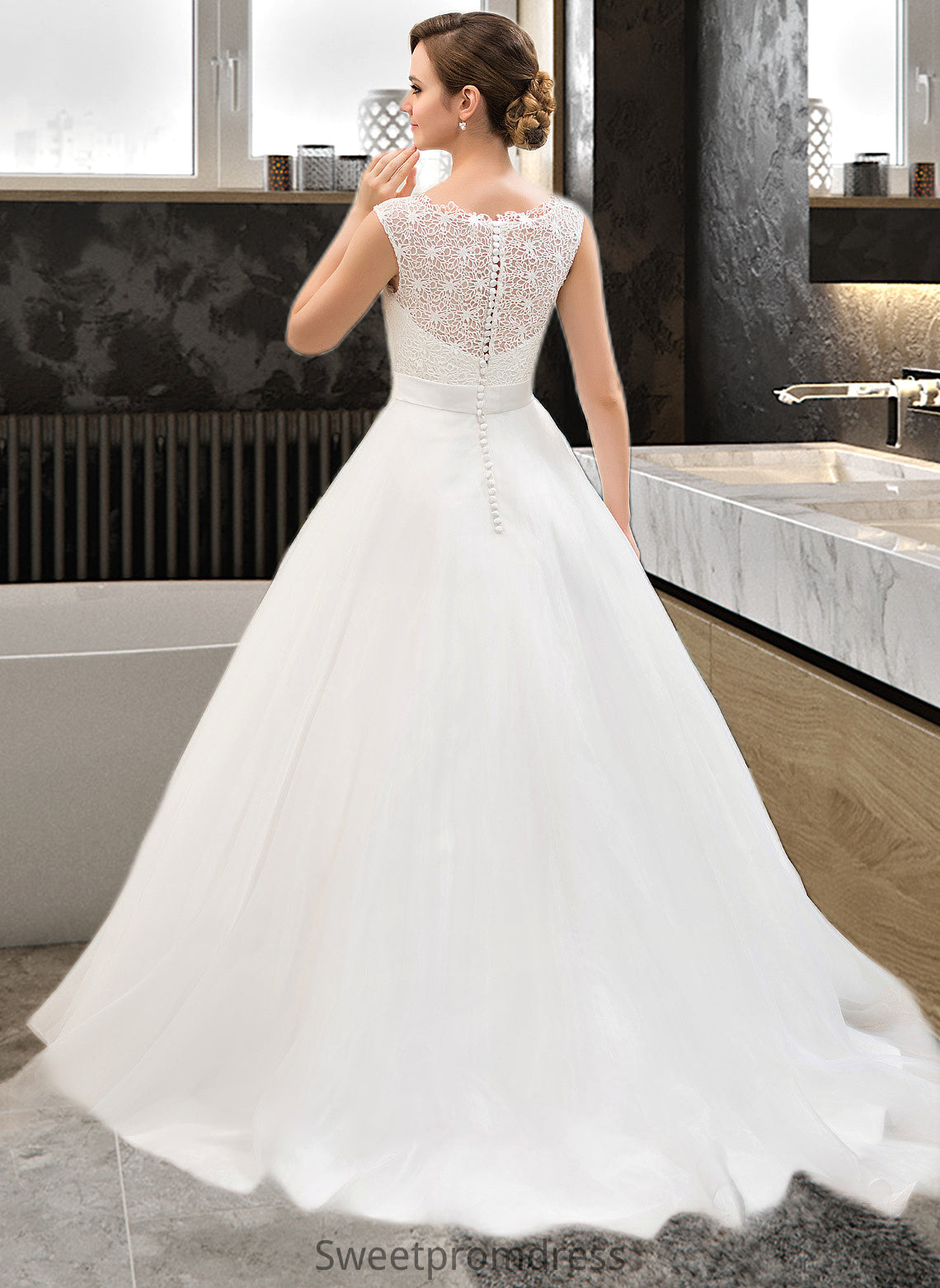 Yazmin Ball-Gown/Princess Scoop Neck Sweep Train Organza Lace Wedding Dress With Beading Sequins DHP0013751