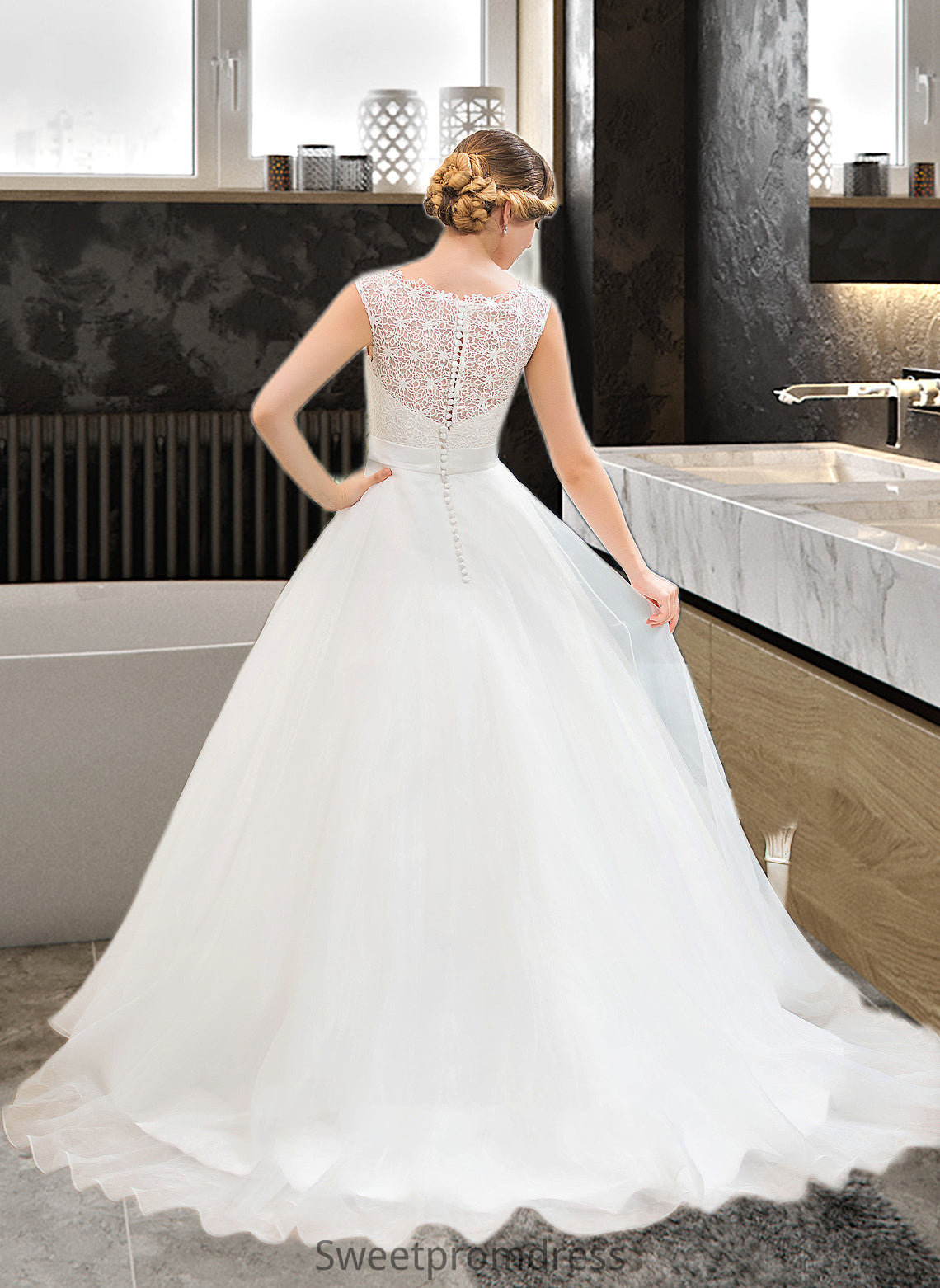 Yazmin Ball-Gown/Princess Scoop Neck Sweep Train Organza Lace Wedding Dress With Beading Sequins DHP0013751