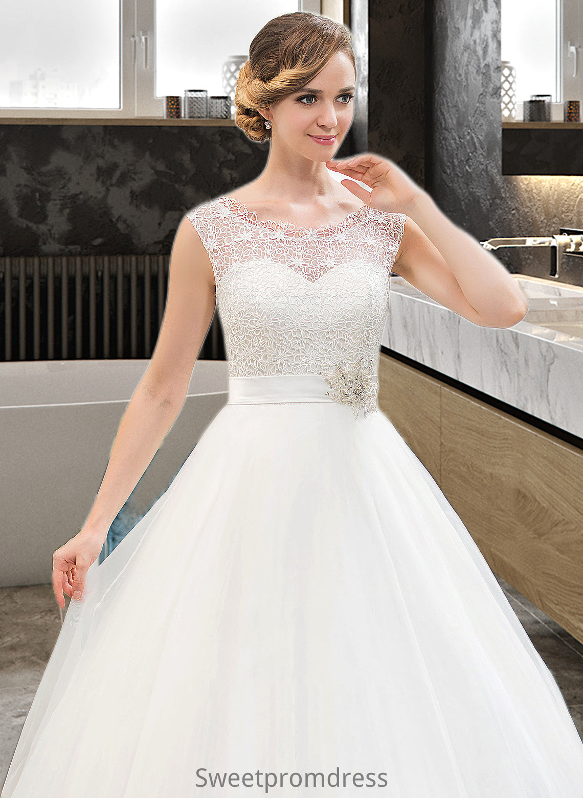 Yazmin Ball-Gown/Princess Scoop Neck Sweep Train Organza Lace Wedding Dress With Beading Sequins DHP0013751