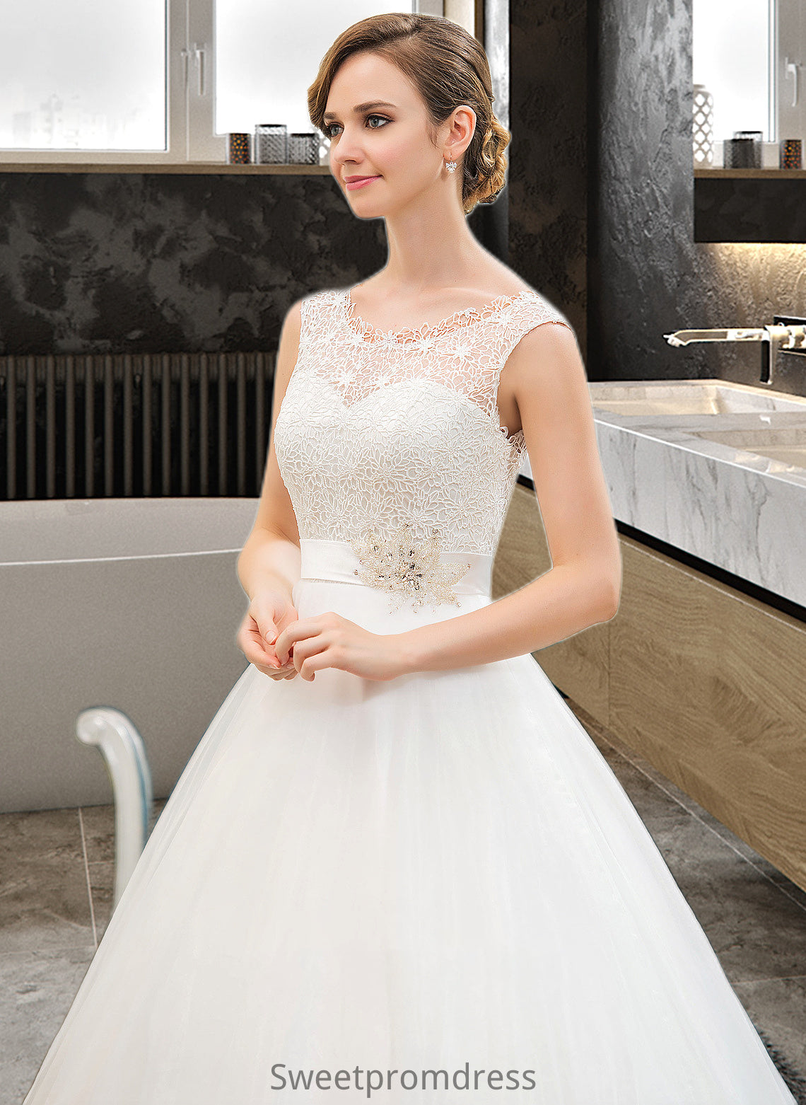 Yazmin Ball-Gown/Princess Scoop Neck Sweep Train Organza Lace Wedding Dress With Beading Sequins DHP0013751