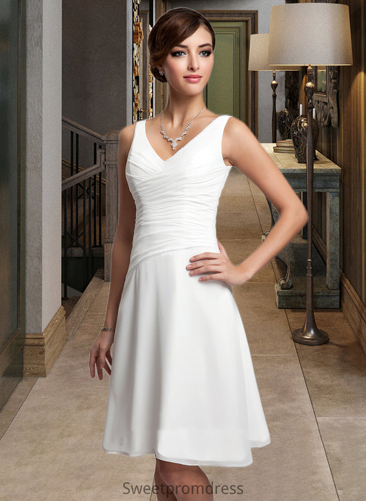 Bria A-Line V-neck Knee-Length Chiffon Wedding Dress With Ruffle Beading Sequins DHP0013752