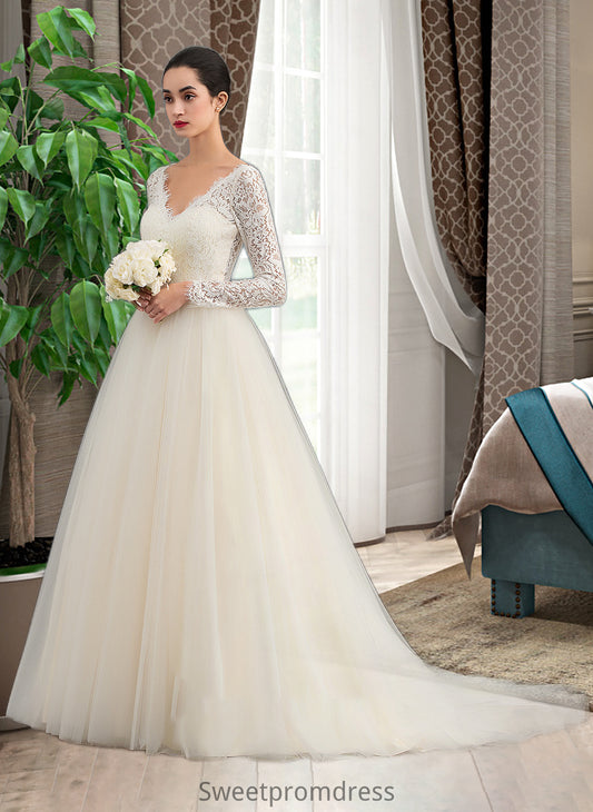 Bianca Ball-Gown/Princess V-neck Court Train Tulle Lace Wedding Dress DHP0013756