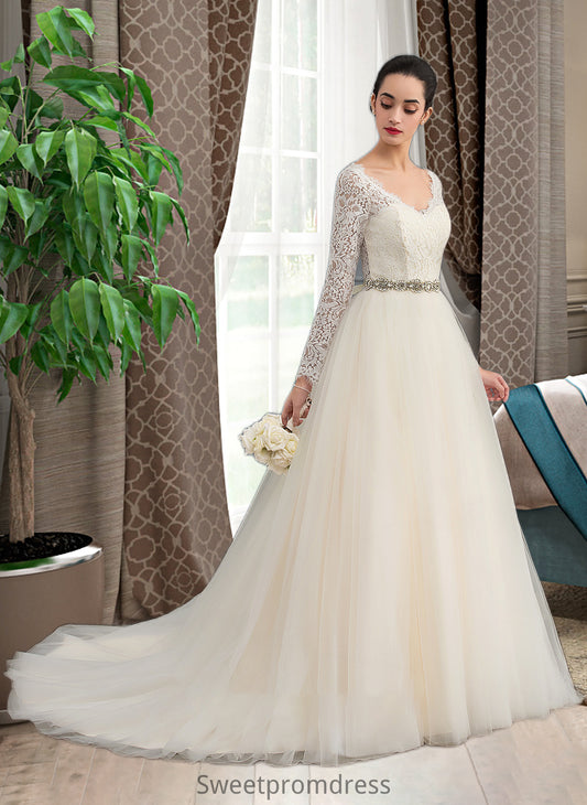 Bianca Ball-Gown/Princess V-neck Court Train Tulle Lace Wedding Dress DHP0013756