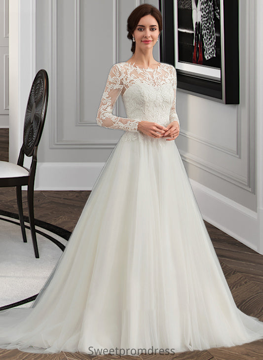 Gwendoline Ball-Gown/Princess Scoop Neck Sweep Train Tulle Wedding Dress DHP0013759