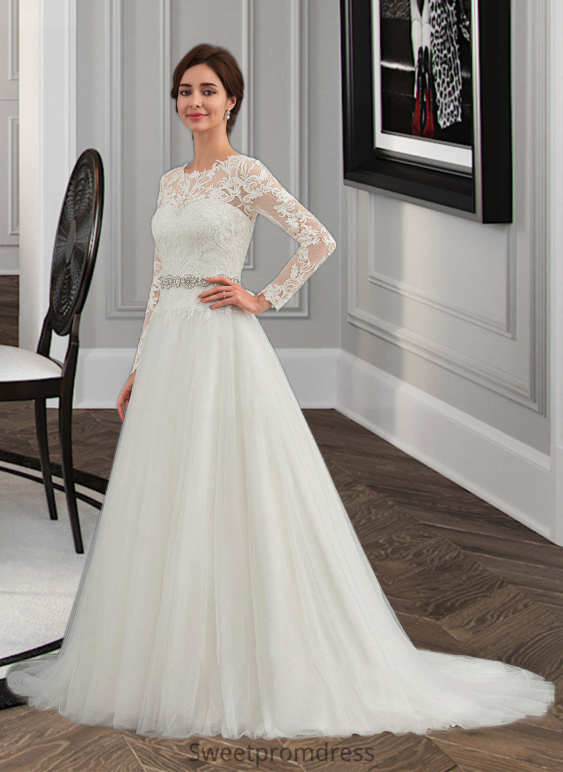 Gwendoline Ball-Gown/Princess Scoop Neck Sweep Train Tulle Wedding Dress DHP0013759