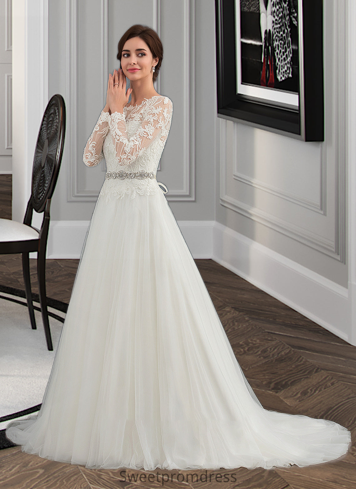 Gwendoline Ball-Gown/Princess Scoop Neck Sweep Train Tulle Wedding Dress DHP0013759