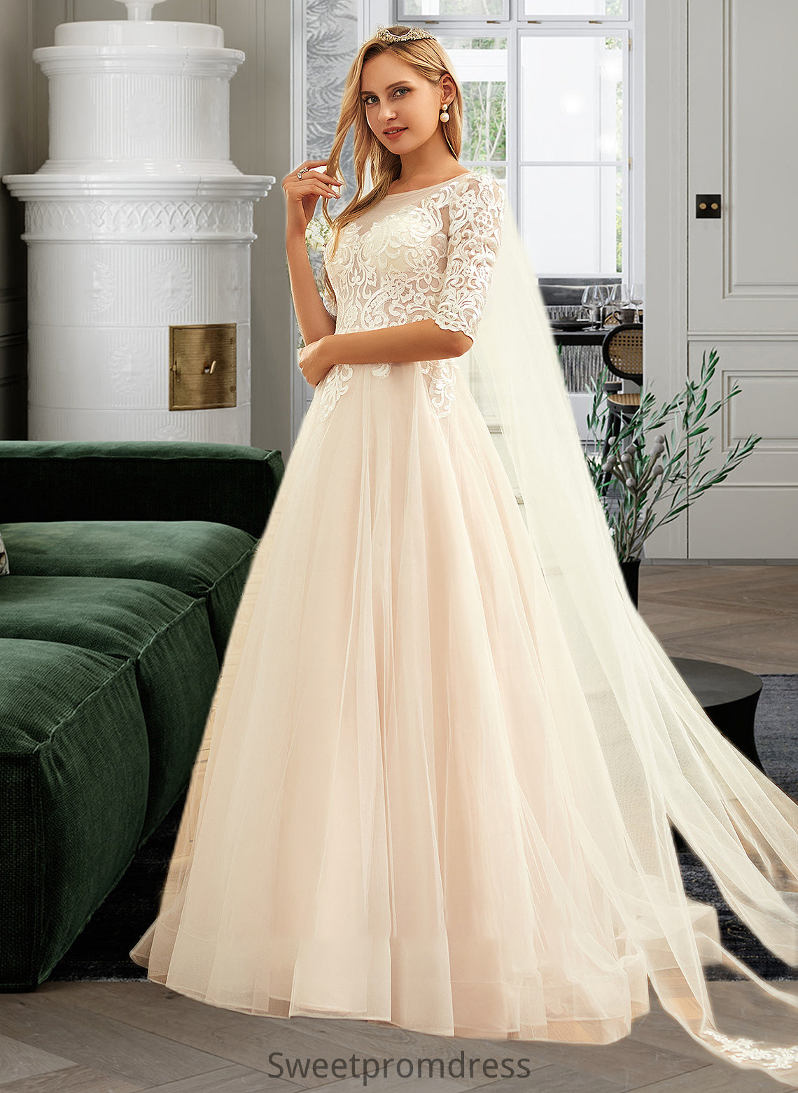 Melinda Ball-Gown/Princess Scoop Neck Sweep Train Tulle Lace Wedding Dress DHP0013760