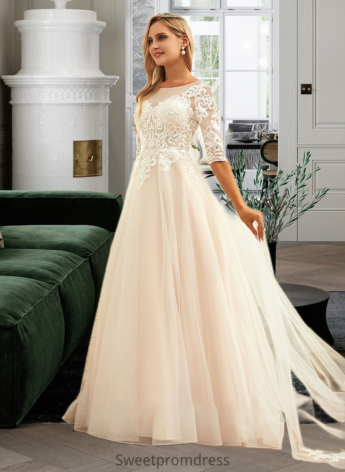 Melinda Ball-Gown/Princess Scoop Neck Sweep Train Tulle Lace Wedding Dress DHP0013760