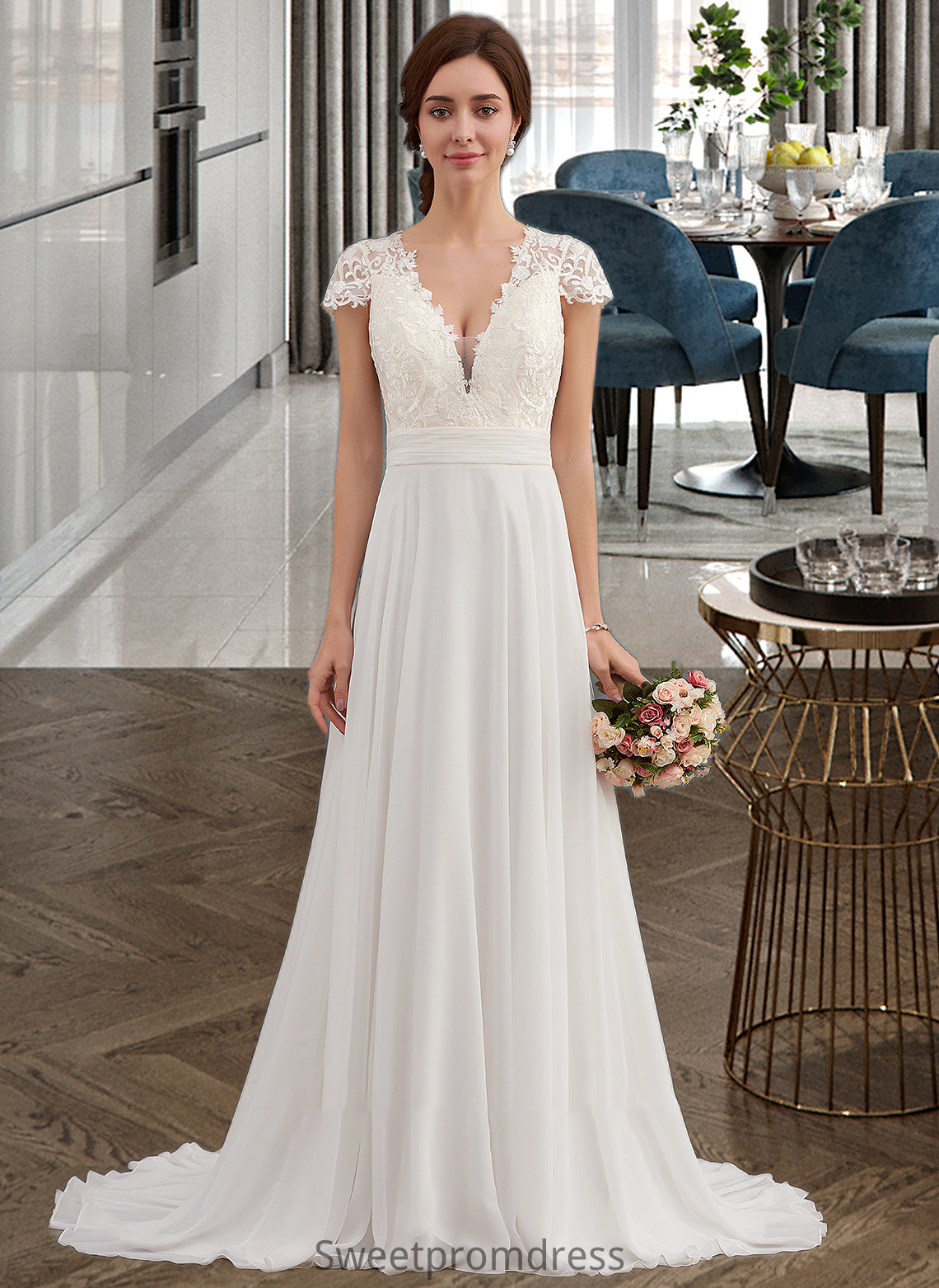 Dalia A-Line V-neck Sweep Train Chiffon Wedding Dress With Ruffle DHP0013761