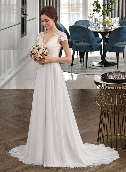 Dalia A-Line V-neck Sweep Train Chiffon Wedding Dress With Ruffle DHP0013761