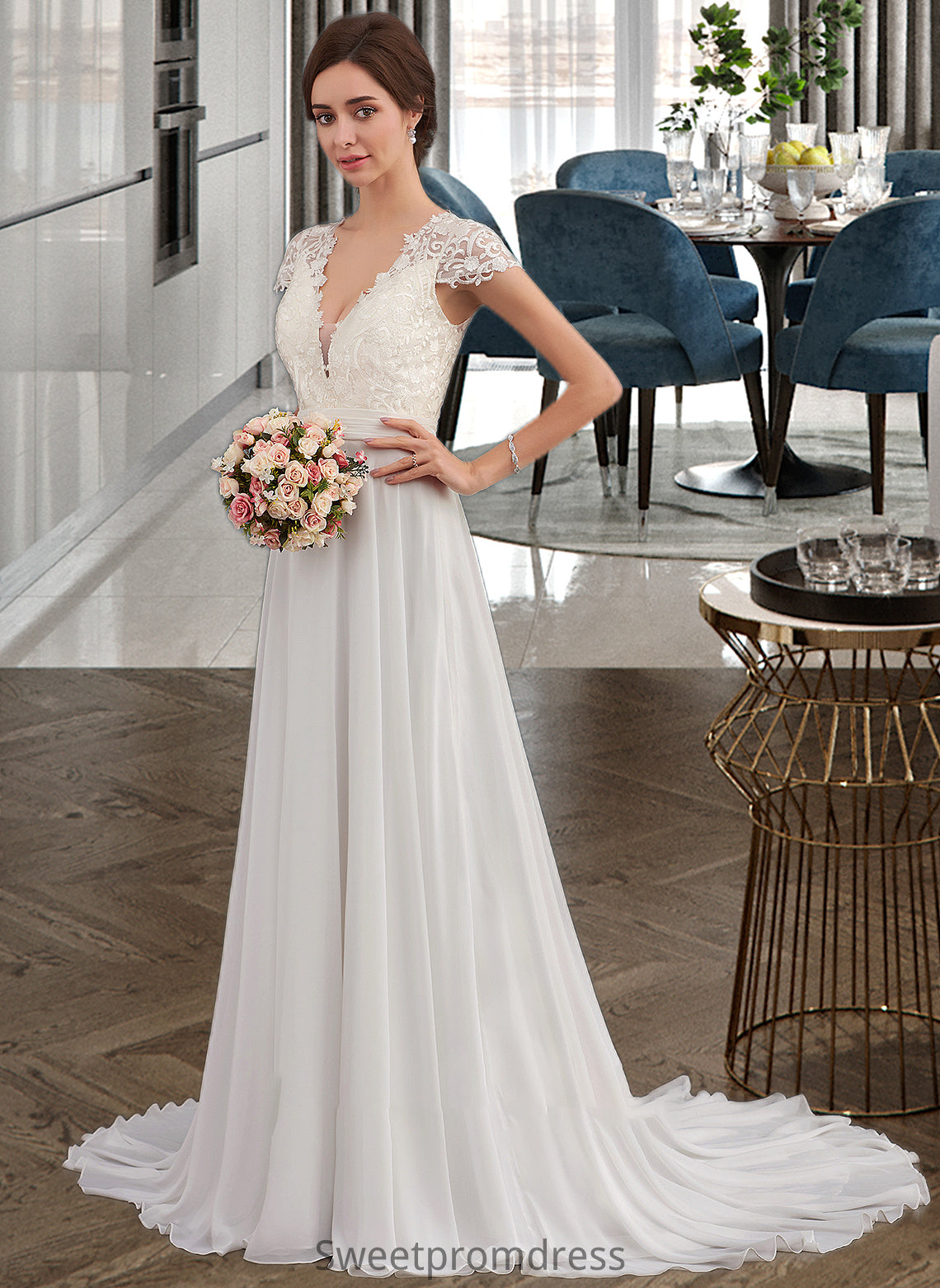 Dalia A-Line V-neck Sweep Train Chiffon Wedding Dress With Ruffle DHP0013761