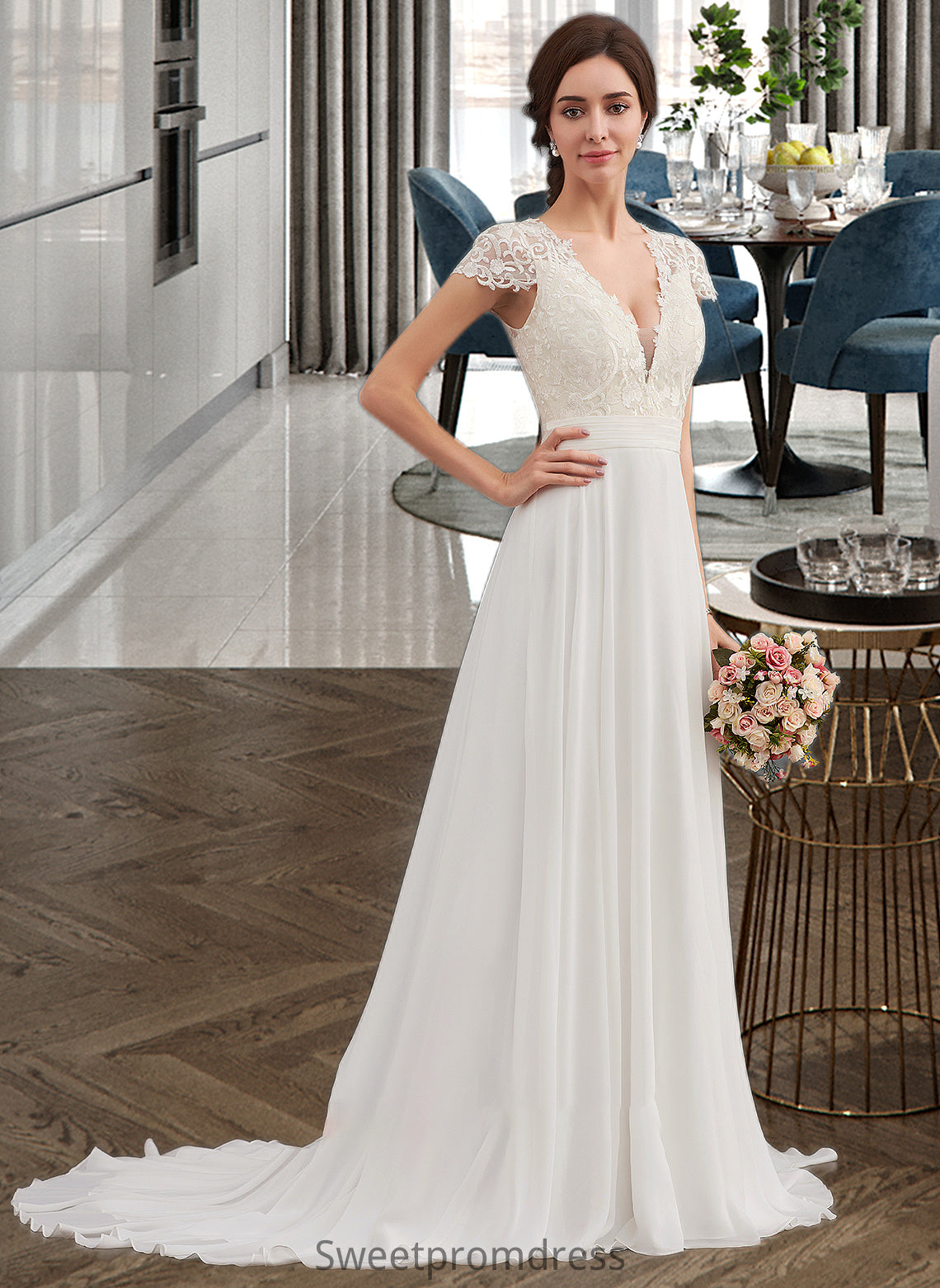 Dalia A-Line V-neck Sweep Train Chiffon Wedding Dress With Ruffle DHP0013761