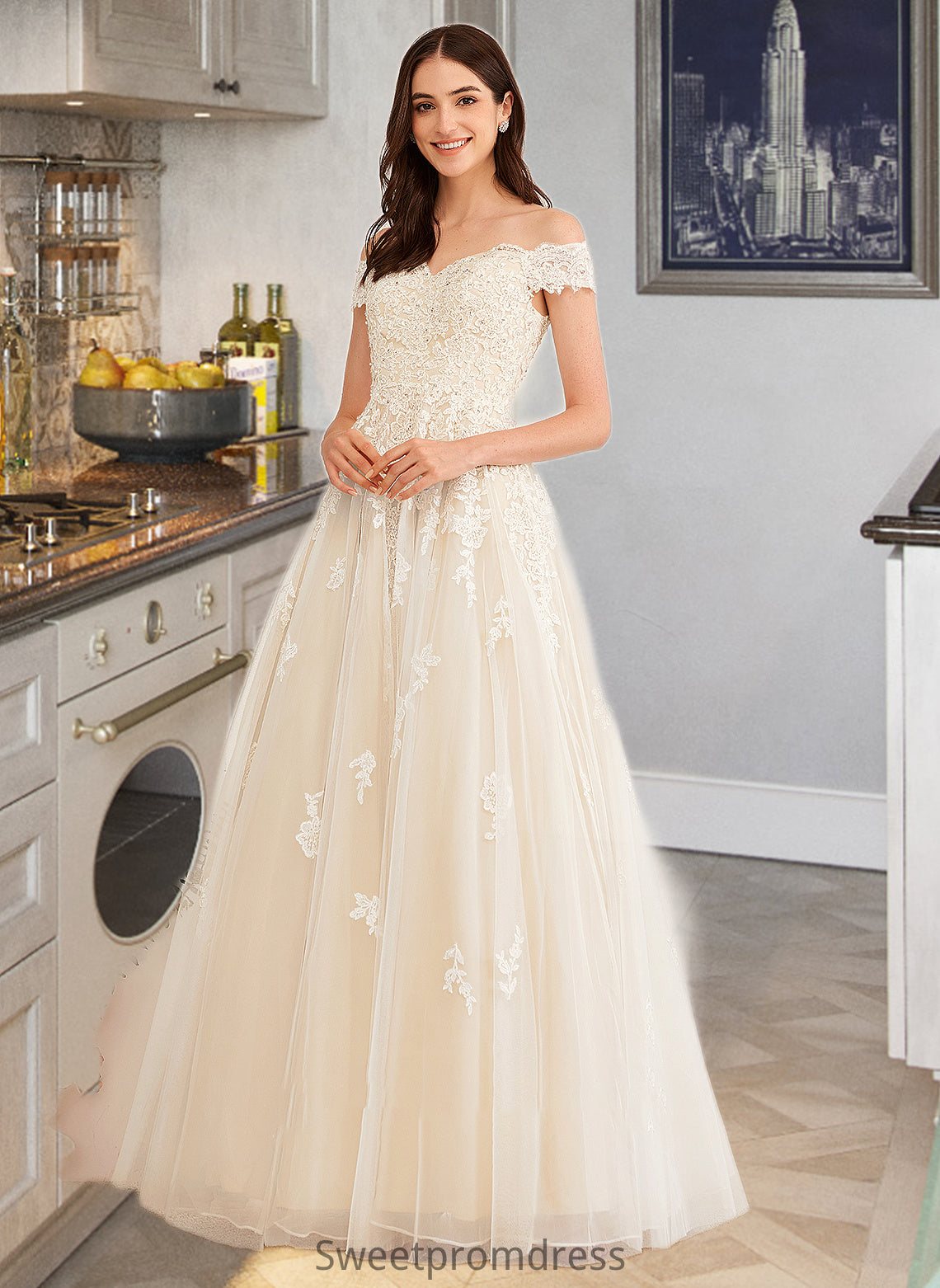 Aleah Ball-Gown/Princess Off-the-Shoulder Floor-Length Wedding Dress With Beading Sequins DHP0013765