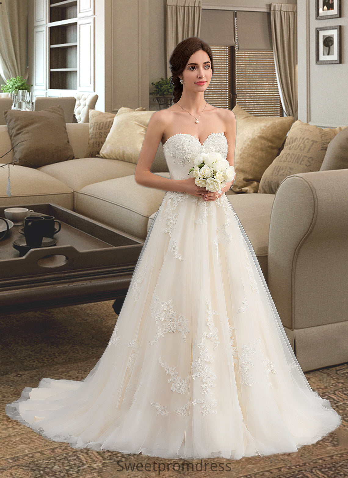 Josephine Ball-Gown/Princess Sweetheart Court Train Tulle Wedding Dress With Ruffle Beading DHP0013766