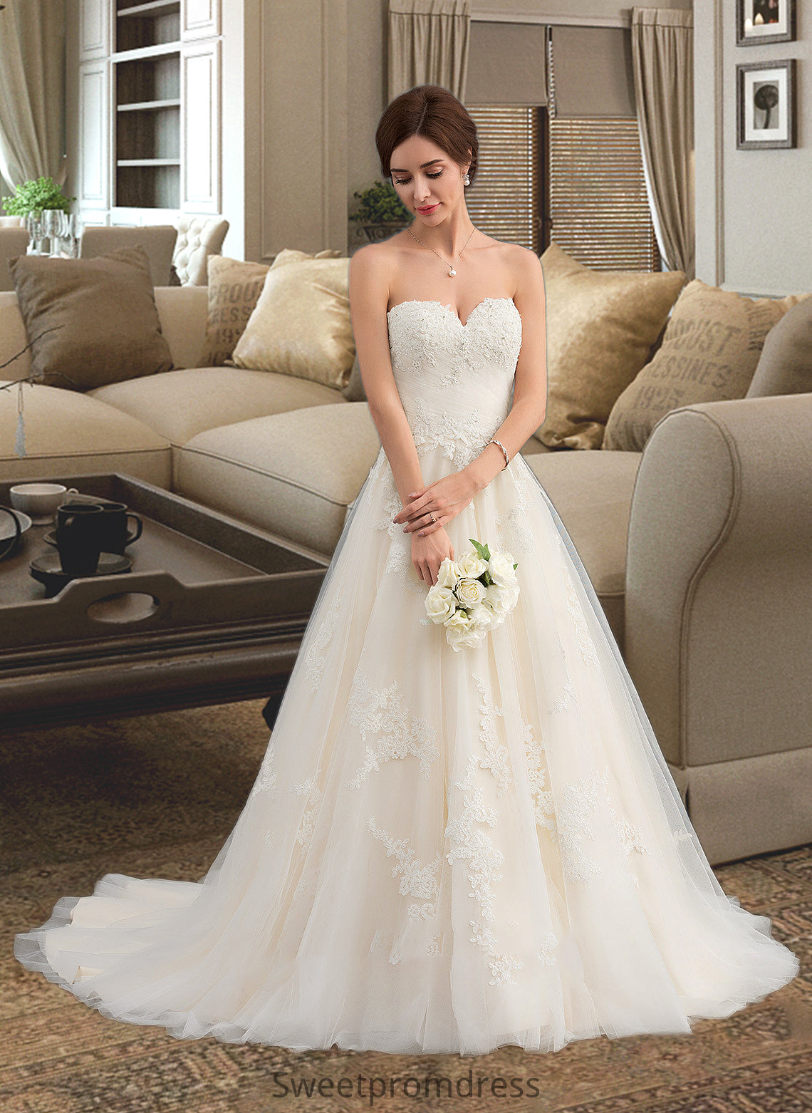 Josephine Ball-Gown/Princess Sweetheart Court Train Tulle Wedding Dress With Ruffle Beading DHP0013766