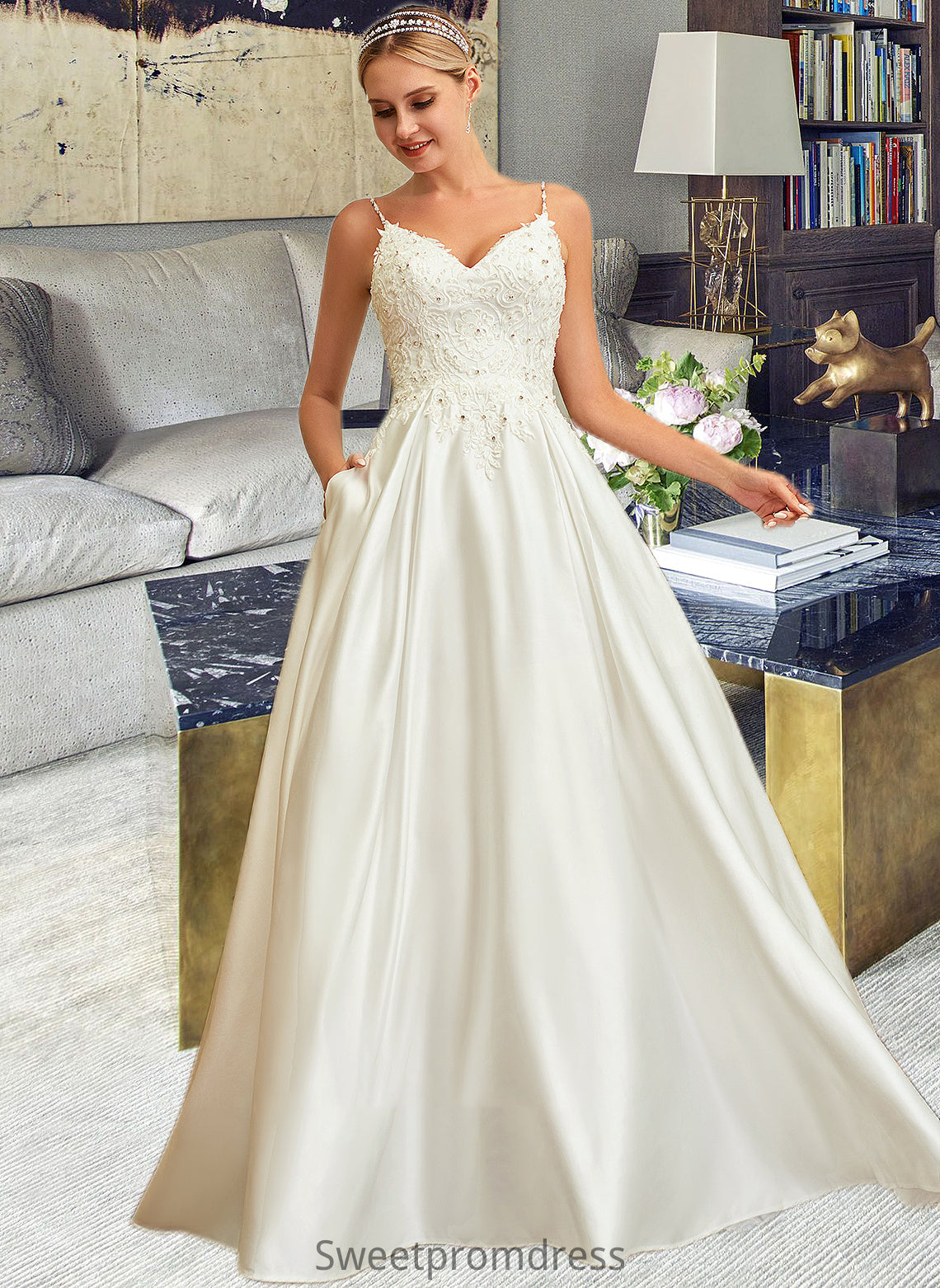 Noemi Ball-Gown/Princess V-neck Sweep Train Satin Lace Wedding Dress With Lace Beading Sequins Pockets DHP0013771