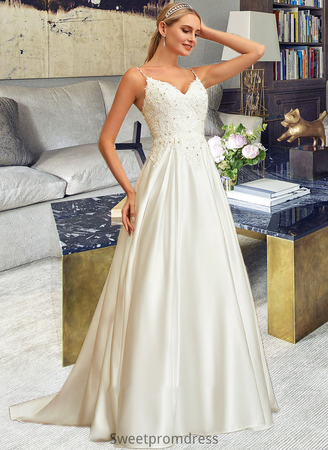 Noemi Ball-Gown/Princess V-neck Sweep Train Satin Lace Wedding Dress With Lace Beading Sequins Pockets DHP0013771